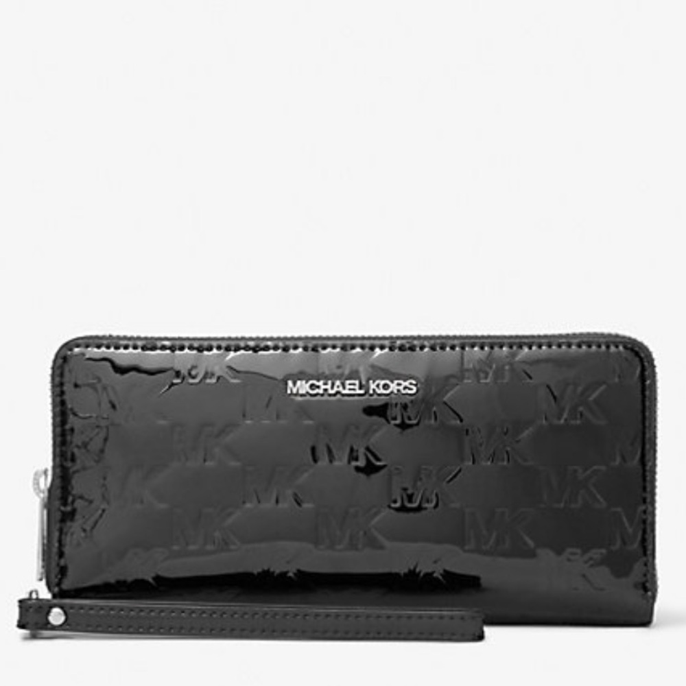 MICHAEL KORS Jet Set Larg Patent Logo Debossed Continental Wallet Wristlet Phone - Picture 4 of 16